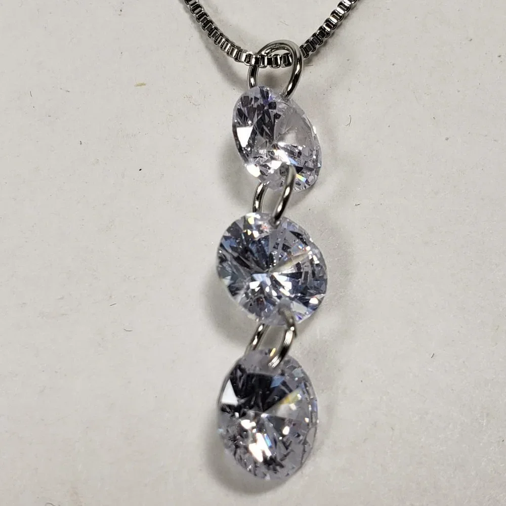 Necklace - Swarovski Crystal  - Triple Stones Drop Pendant, Rhodium Overlay, 18" - Picture 12 of 13
